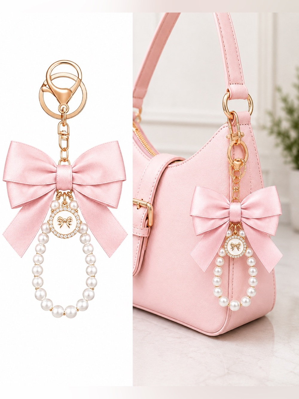 Elegant Pink Bow & Pearl Bag Charm Keychain